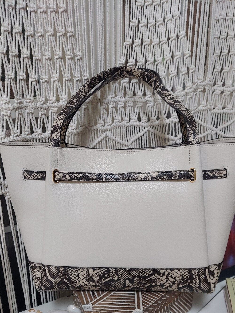 Michael Kors White Leather Tote with Snake-Print Trim Nwot - Picture 3 of 15
